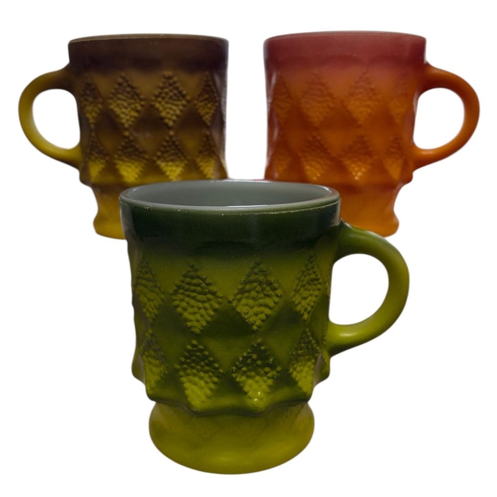 Vintage Fire-King Kimberly Mug Set of‎ 3 Anchor Hocking Milk Glass Coffee Cups